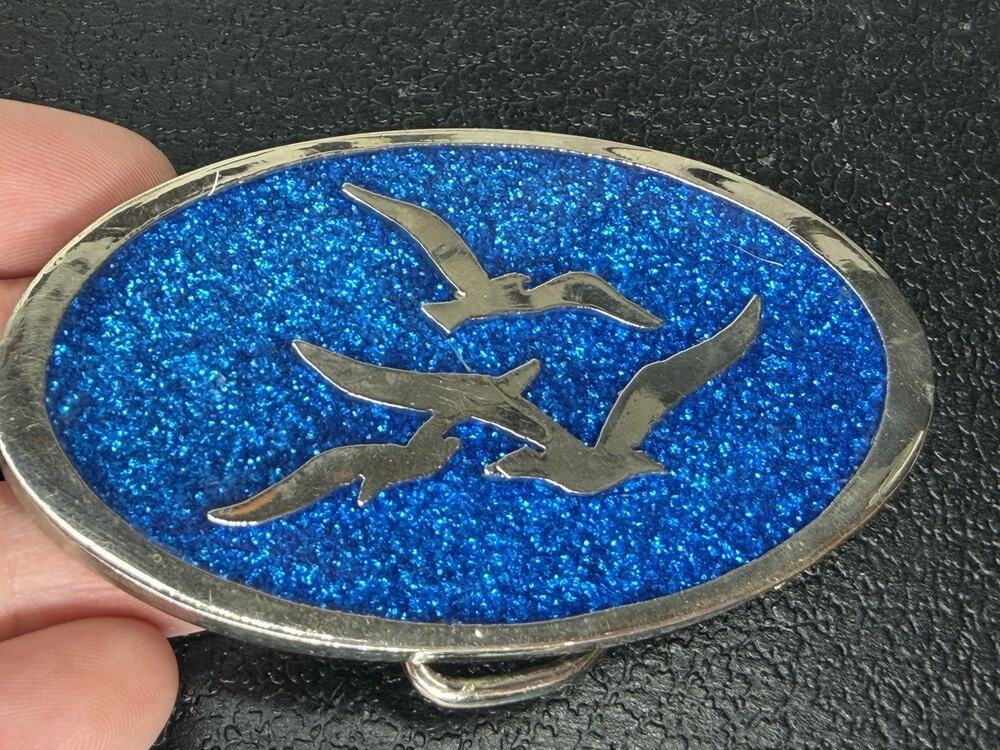 VTG Seagull Bird Theme Belt Buckle Turquoise Blue Sparkle Unique Silver Tone